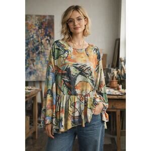 3potato Abstract Print Peplum Blouse NWT S/M Lagenlook Art Teacher Style